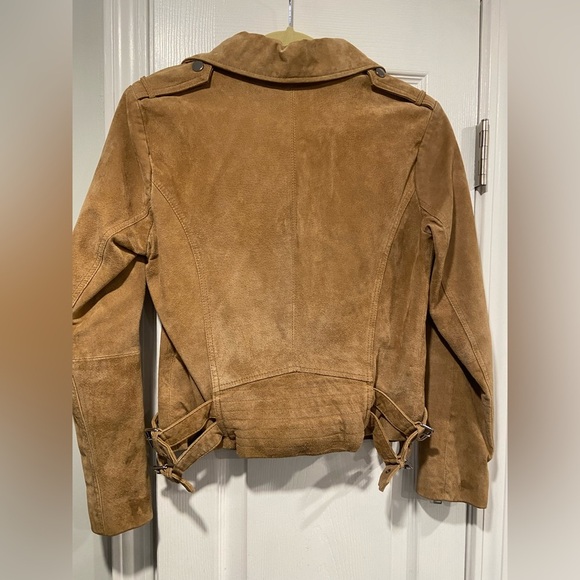 BCBGeneration Size S Camel Tan Suede Full Zip Buckles Moto Bomber Jacket Leather - Picture 9 of 14
